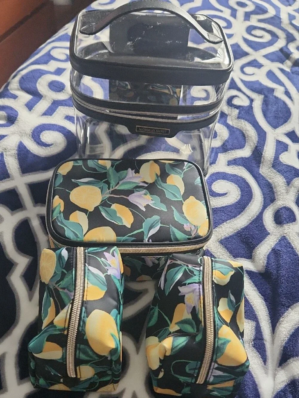 Victoria's Secret Clear Floral Cosmetic Case - Black Trim with Yellow Accents